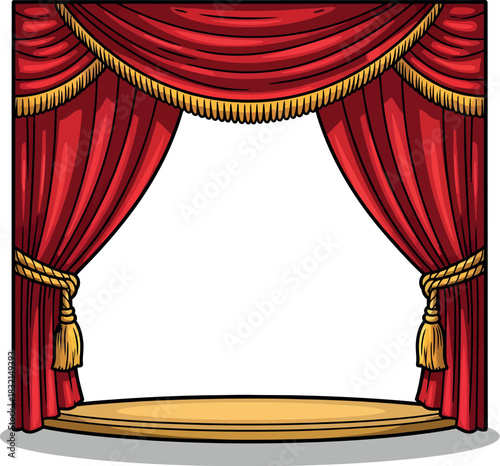 Red stage curtain with golden accents and wooden floor, vector illustration