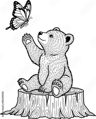 Adorable hand-drawn style vector illustration of a cheerful baby bear cub sitting on a tree stump, gently reaching for a delicate monarch butterfly.