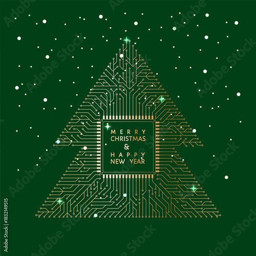Christmas and New Year modern greeting card in innovative technological style. Christmas golden fir tree in abstract shape of microchip, glowing elements, snow, green background. Vector illustration