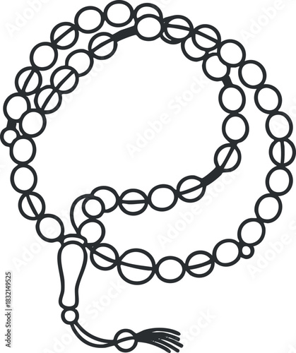 A beaded rosary with a tassel in outline vector style, suitable for spiritual and religious designs