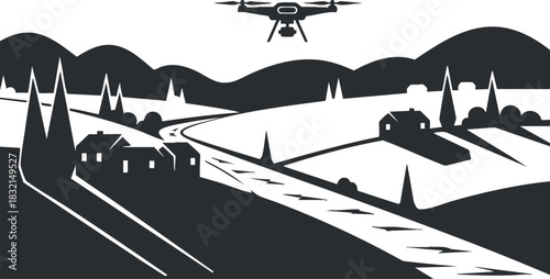 A drone flying over a rural landscape with mountains and a winding road in black and white minimalist vector style, ideal for technology and nature themes