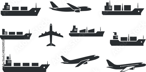 A collection of cargo ships and airplanes in black and white flat vector style, ideal for logistics and transportation projects