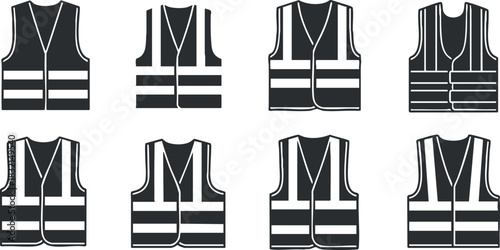 A set of black and white vector illustrations of safety vests in minimalist style, ideal for construction and work safety design