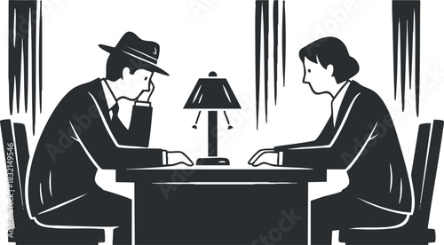 A black and white vector illustration of two people engaged in a serious discussion across a table with a lamp, suitable for business themes