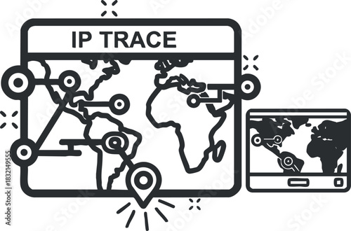 An IP tracing map with location markers and a smartphone display in modern geometric outline vector style, suitable for technology-related projects