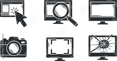 A set of technology icons including a computer screen, camera, and magnifying glass in black and white outline vector style, perfect for digital media projects