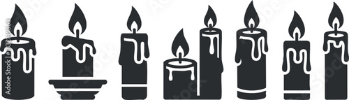 A collection of eight decorative candles with flames and wax drips in black minimalist vector style, ideal for holiday designs and home decor