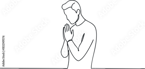 A man in a prayer position with hands together in outline minimalist vector style, suitable for wellness and spirituality themes