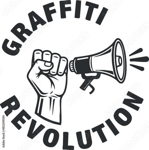 A raised fist holding a megaphone in black and white vector style, representing graffiti revolution and social activism