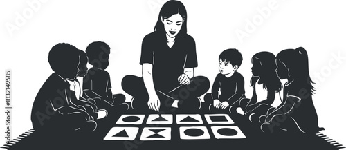 A teacher guiding a group of children in a learning game with shapes in black and white vector style, ideal for educational materials