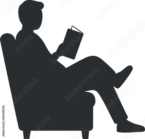 A silhouette of a person reading a book while seated comfortably in a chair in minimalist vector style, ideal for educational and lifestyle themes