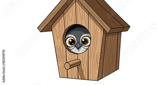 Cute cartoon bird peering out of a wooden birdhouse with a perch.