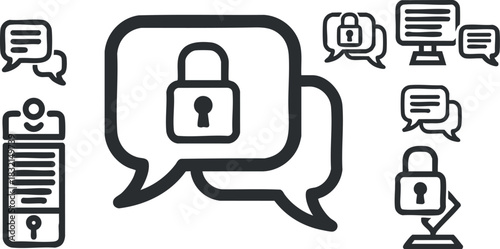 A set of chat bubbles with padlocks in black outline vector style, ideal for digital security and privacy themes