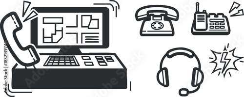 A collection of communication devices including a telephone, computer, headset, and radio in minimalist black and white vector style, ideal for tech and customer service applications