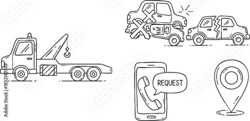 A collection of tow trucks, a mobile phone with a request icon, and a location pin in flat outline vector style, ideal for automotive service applications