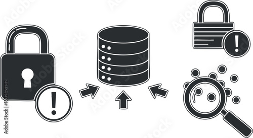 A set of security icons featuring a padlock, database, and magnifying glass in black and white outline style, suitable for technology and cybersecurity projects