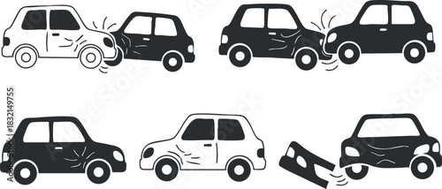 A set of car collision illustrations depicting various vehicle accidents in black and white minimalist vector style, suitable for safety campaigns and insurance brochures