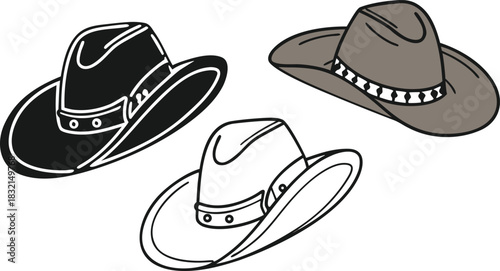 Three iconic cowboy hat illustrations: black, brown, and outline versions, western fashion