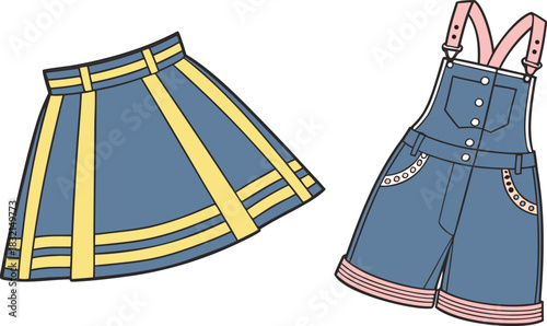 Fashionable vector illustration of blue striped skirt and denim overall shorts clothing