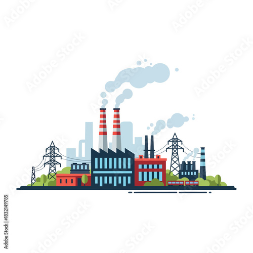 Industrial complex illustration with chimneys emitting smoke against cityscape background