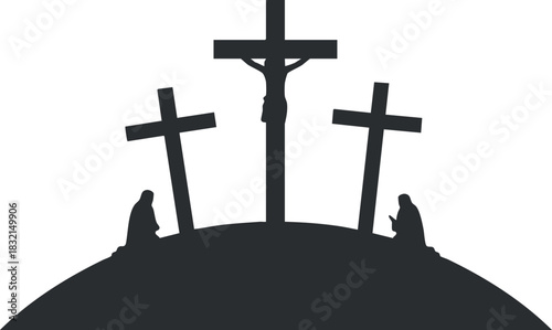 A silhouette of three crosses on a hill with figures in prayer in minimalist black and white vector style, ideal for religious themes