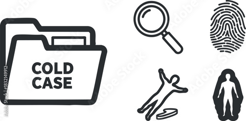 A collection of cold case investigation icons including folders, magnifying glass, fingerprints, and body outlines in black and white vector style, suitable for crime-related projects