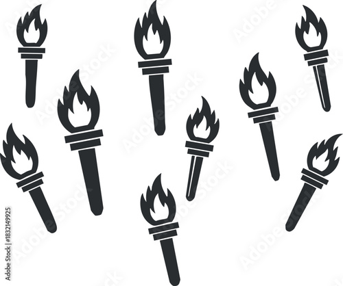 A collection of torches with flames in a black and white vector style, perfect for sports events and celebrations