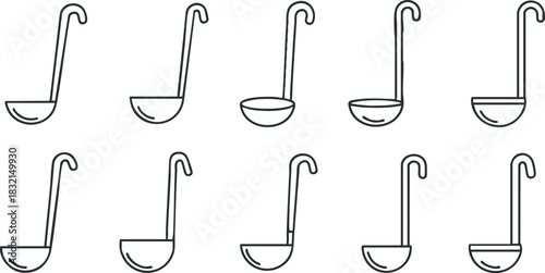 A set of nine minimalist line art ladles in black and white vector style, perfect for kitchen and cooking designs