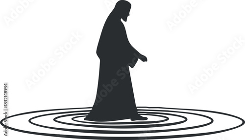 A silhouette of a man standing in a meditative pose surrounded by concentric circles in minimalist vector style, suitable for wellness and mindfulness themes