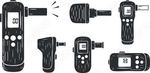 A collection of breathalyzer devices in black and white outline vector style, suitable for health and safety applications