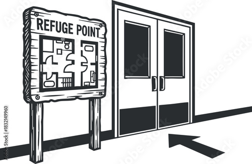 A wooden sign indicating a refuge point next to double doors in black and white outline vector style, suitable for safety signage and emergency planning