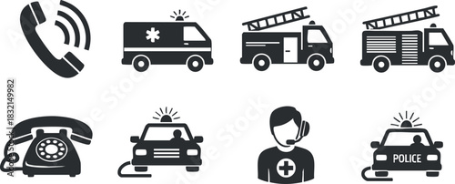 A collection of emergency service icons including a phone, ambulance, fire truck, and police car in flat black and white vector style, ideal for emergency response graphics