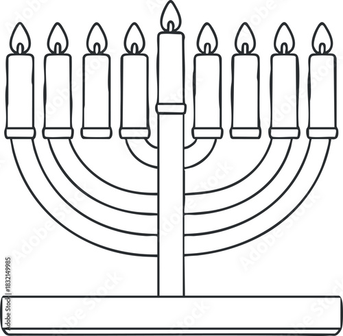 A traditional menorah candle holder with nine branches in black outline vector style, ideal for Hanukkah celebrations and decorations