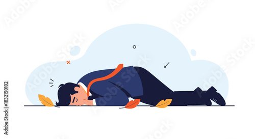Overworked businessman collapses in exhaustion, surrounded by fallen autumn leaves.