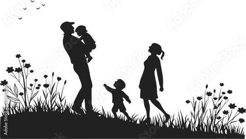 Happy family silhouettes playing in nature on a grassy hill with flowers and flying birds
