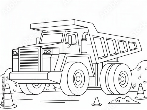 Detailed Black and White Line Art of Powerful Dump Truck Dumping Large Gravel Piles with Oversized Tires and Traffic Cones