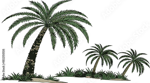 Isolated group of tropical palm trees, a large one and two smaller, with green foliage