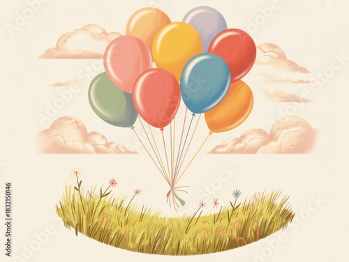 Bunch of Vibrant Colorful Balloons Tied with Strings Floating Above Lush Green Grass Meadow with Wildflowers and Soft Pastel Clouds in Sky