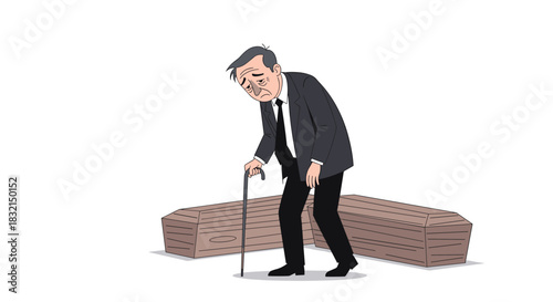 Sad elderly man in a suit holding a cane, standing next to two open coffins.
