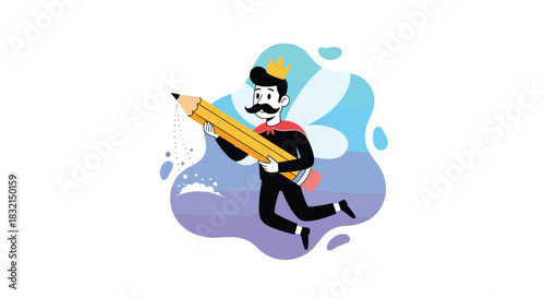 Cartoon king character with a crown and mustache holding a large pencil, flying with creative inspiration.