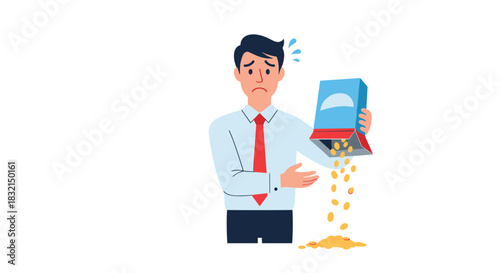 Man in a suit looking worried as cereal spills from a box onto the floor.