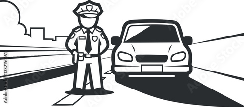 A police officer standing next to a car on the road in minimalist black and white vector style, ideal for law enforcement graphics