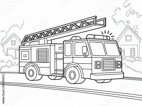 Cartoon Black and White Line Art Coloring Page of Fire Engine Truck with Long Extended Ladder Large Wheels Flashing Lights Suburban Houses Trees