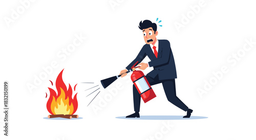 Businessman in a suit panics while trying to extinguish a small campfire with a fire extinguisher.