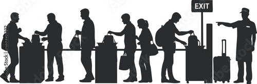 A silhouette illustration of passengers going through airport security check-in in black and white vector style, suitable for travel and transportation themes
