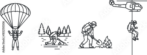 A set of emergency response icons featuring a parachutist, a person planting trees, a firefighter with equipment, and a helicopter in outline vector style, ideal for safety and adventure themes