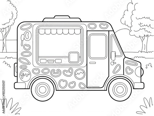 Cartoonish Ice Cream Truck with Colorful Decals Patterns Large Circular Wheels Parked on Grass Near Trees Outline Illustration