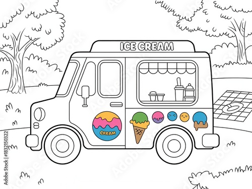 Cartoonish Line Art Illustration of Colorful Ice Cream Truck with Vibrant Decals Large Wheels Open Serving Window and Surrounding Trees