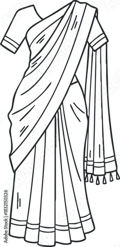 A traditional sari draped elegantly on a female silhouette in a clean line art style, ideal for fashion design or cultural illustrations