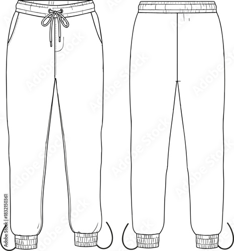 Unisex Jogging Pants Fashion Flat Sketch Vector Set: Technical Tracksuit Bottoms Apparel Design Template with Drawstring Waist